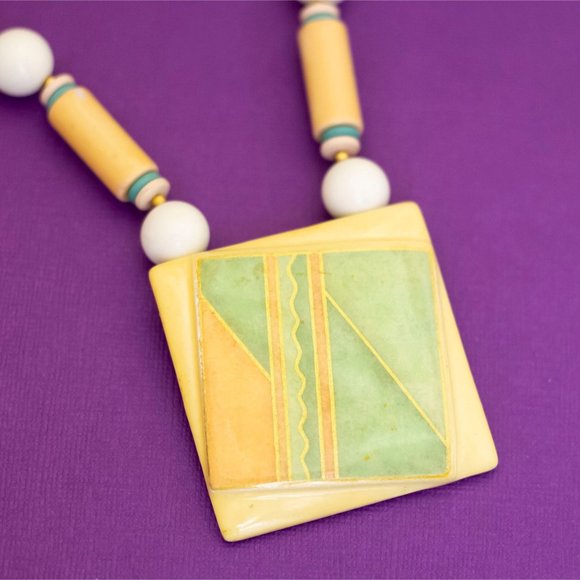 22 inch, Vintage Ceramic Geometric Squares Necklace - Q34 - Picture 1 of 3